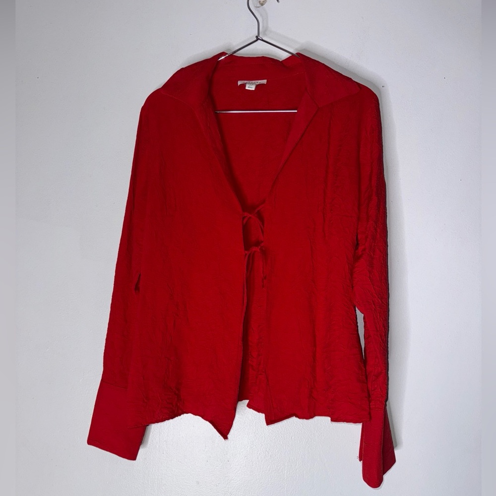 Topshop Women's Collar Crinkle Tie Front Top Size 6 In Red